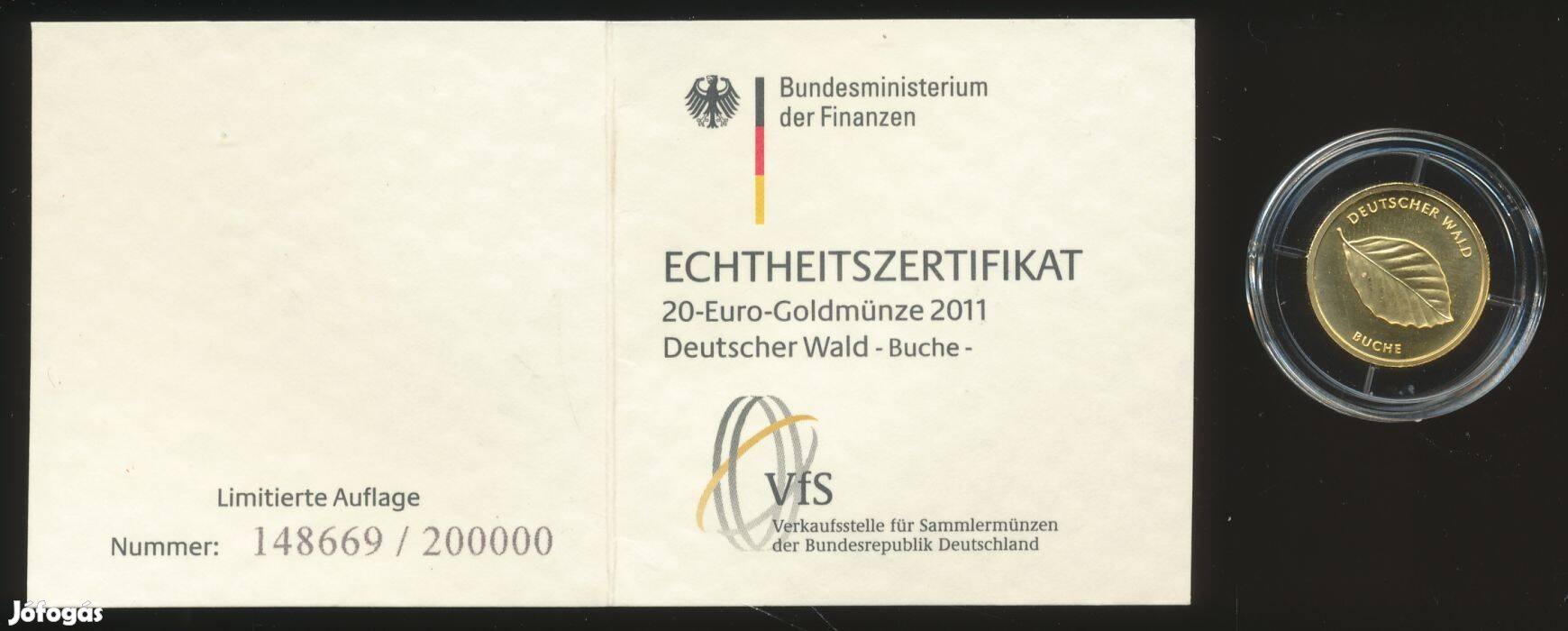 Németország 20 Euro 2011, aranyérme 999.9, motívum: bükkfa levél