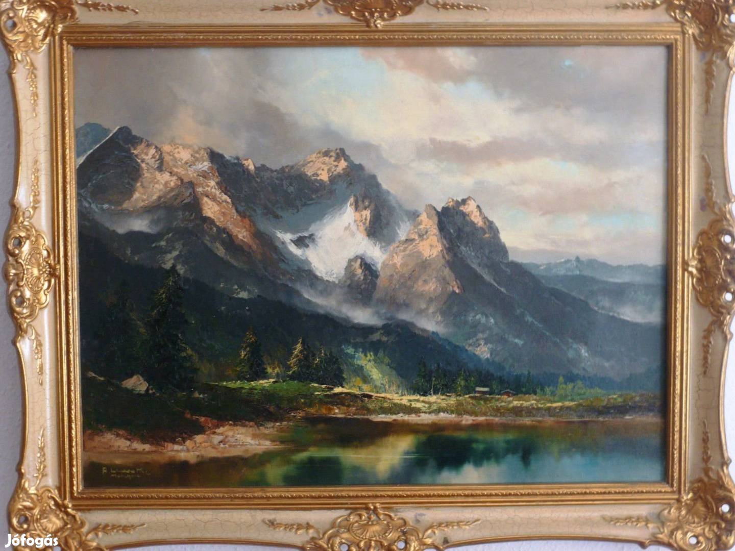 Neves művész,szignált eredeti alpesi tájkép festmény, olajfestmény