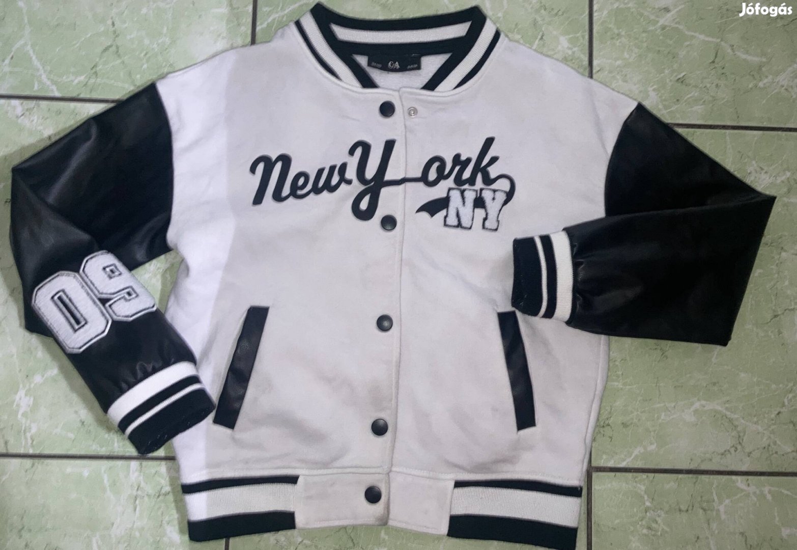 New York (9-10 évesre való) patentos bőr ujjú vagány baseball pulóver 