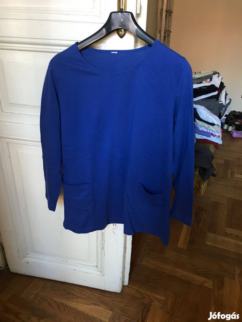 Női felső ruha, kék színű zsebes blúz, XL méretű