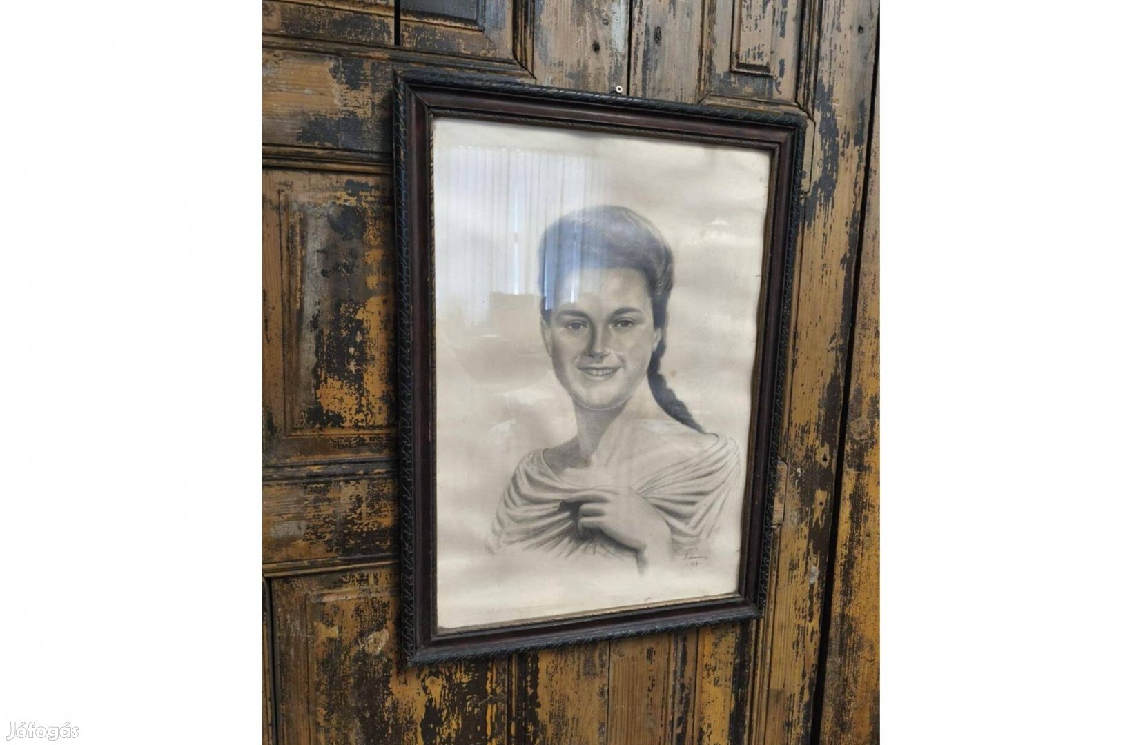 Női portré, jelzett ceruza rajz, 1952-ből