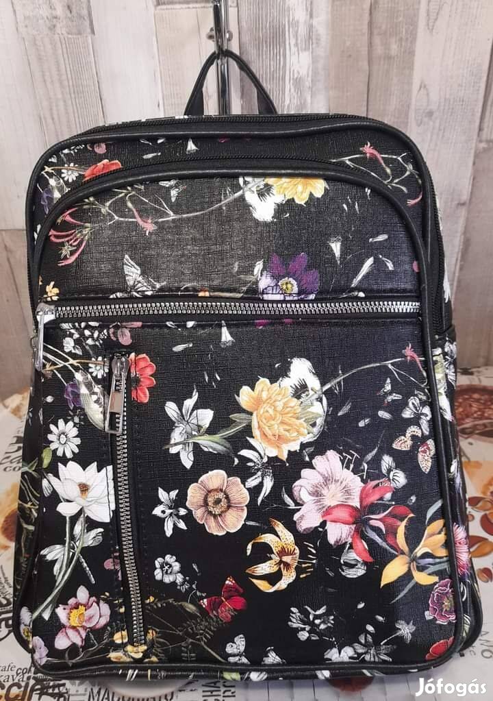 Női táska, divat hátizsák Fekete színes virágokkal