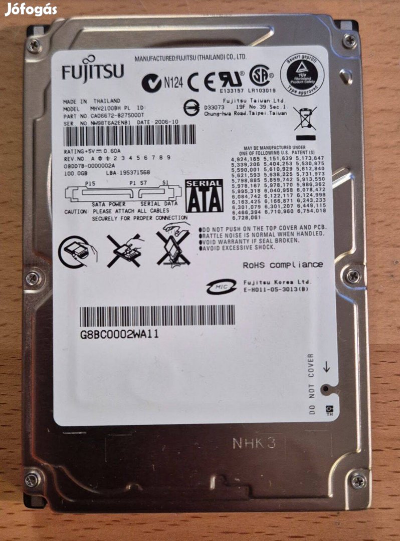 Notebook merevlemez Fujitsu, SATA I MHV2100BH PL, 100GB, 2.5" hibátlan