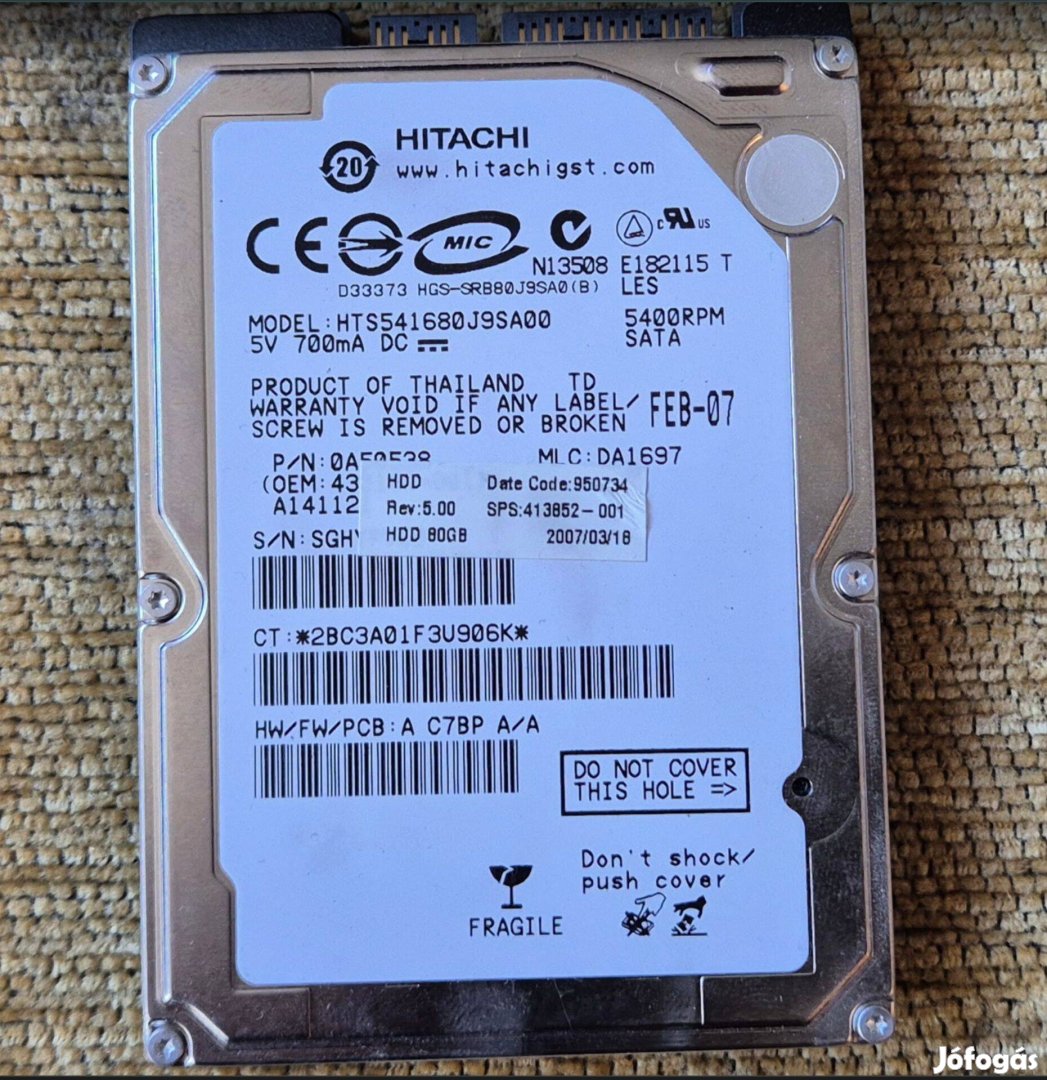 Notebook merevlemez Hitachi, SATA I, 0A50538 80GB, 2.5" 9mm, hibátlan
