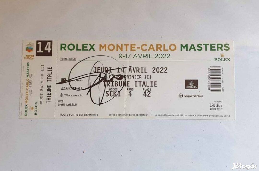 Novak Djokovic autogram Monte-Carlo Masters jegy 2022