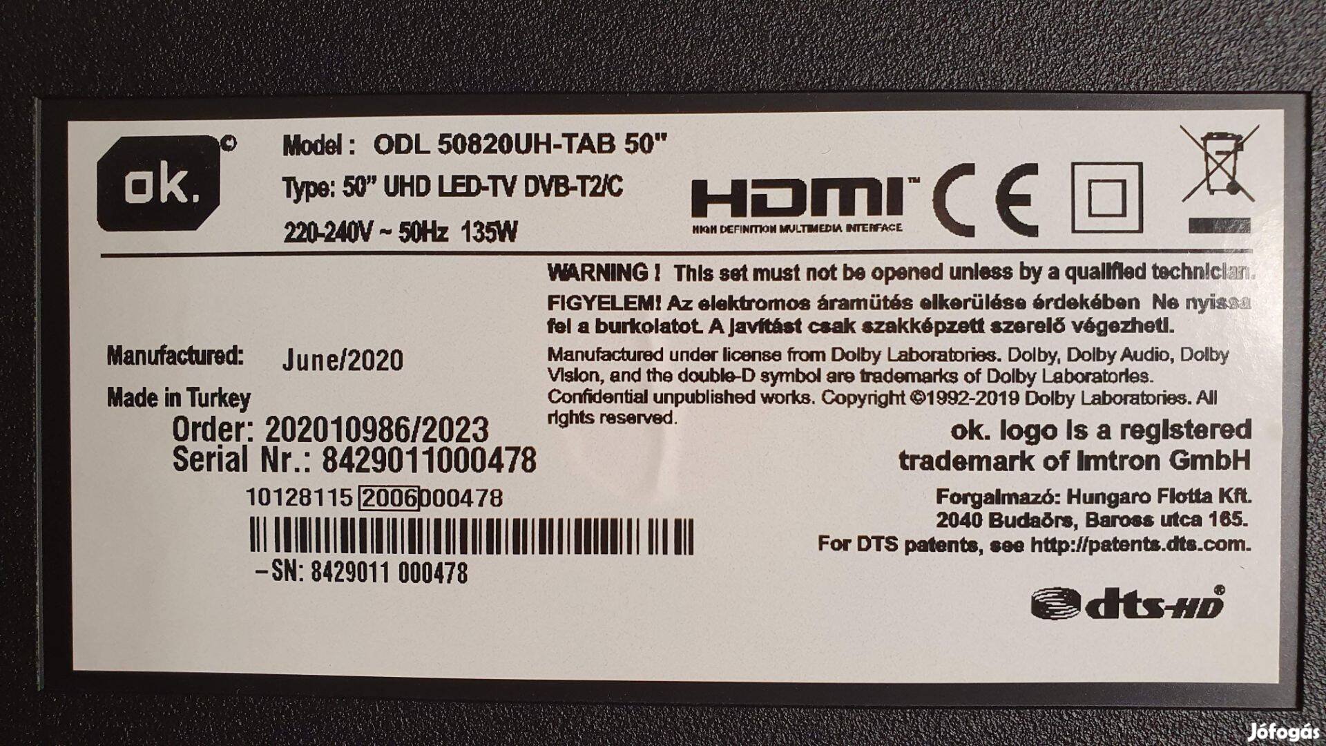 OK. ODL50820UH-TAB 50" 4K LED tv Android 17IPS72 Mainboard elkelt!