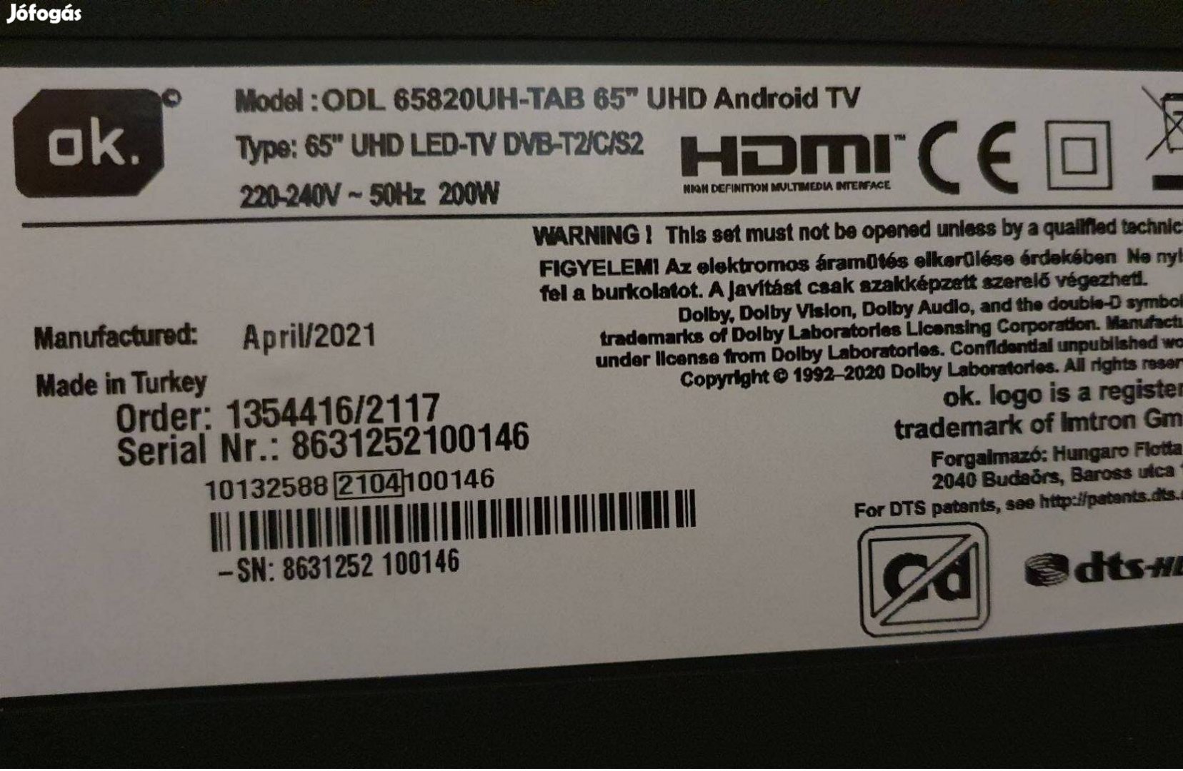 OK. ODL65820UH-TAB 65" Smart 4K UHD LED tv Új Android hibás törött