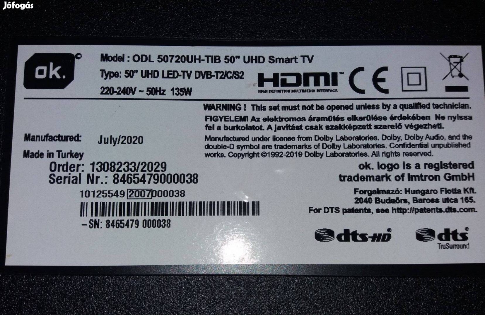 OK. ODL 50720UH-TIB UHD 4K LED tv komplett háttér világítás eladó