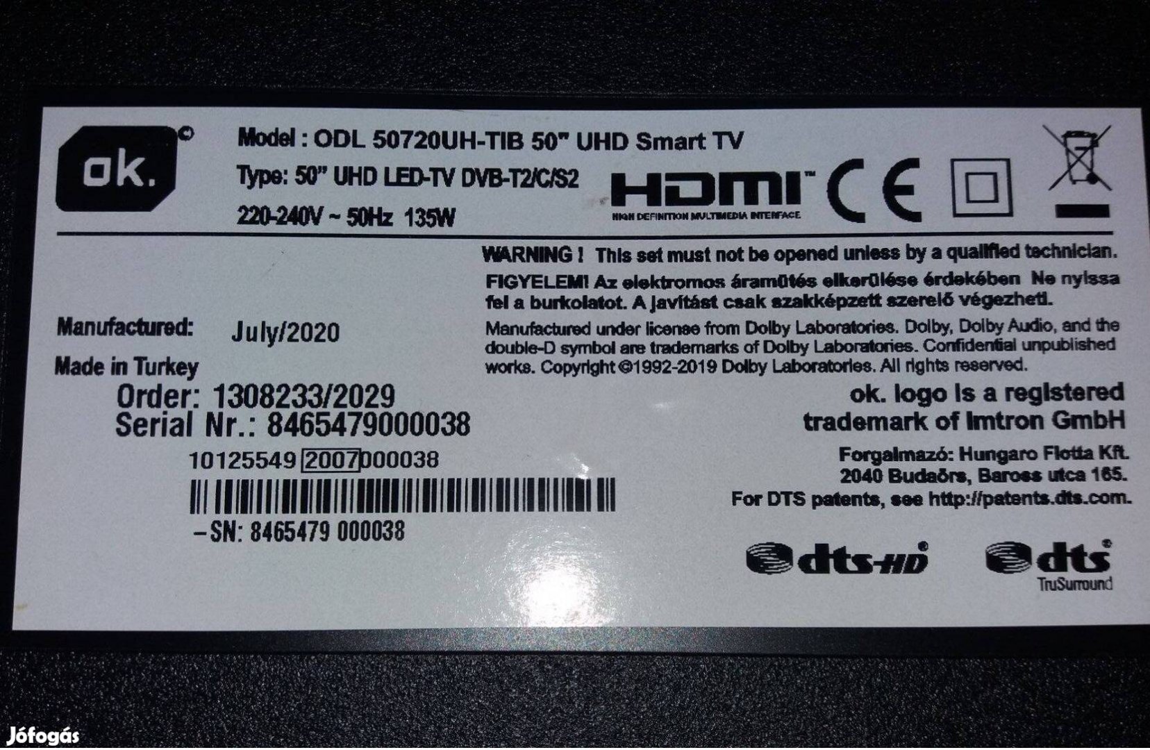 OK. ODL 50720UH-TIB UHD 4K LED tv komplett háttér világítás