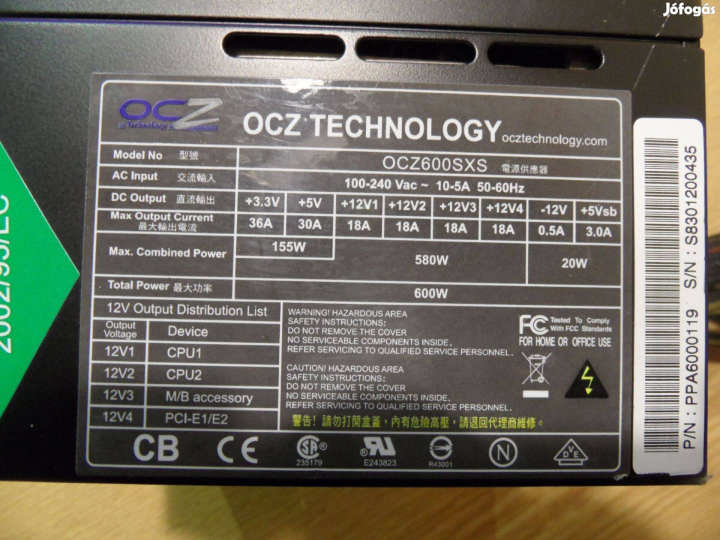 Ocz tápegység 600W, négy 12V -os ág