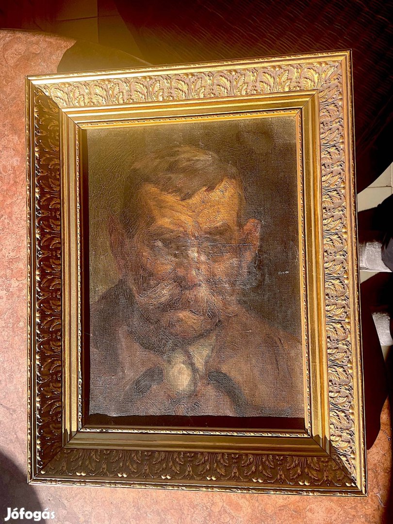 Olajfestmény, paraszt portre aranyozott keretben 42x52 cm