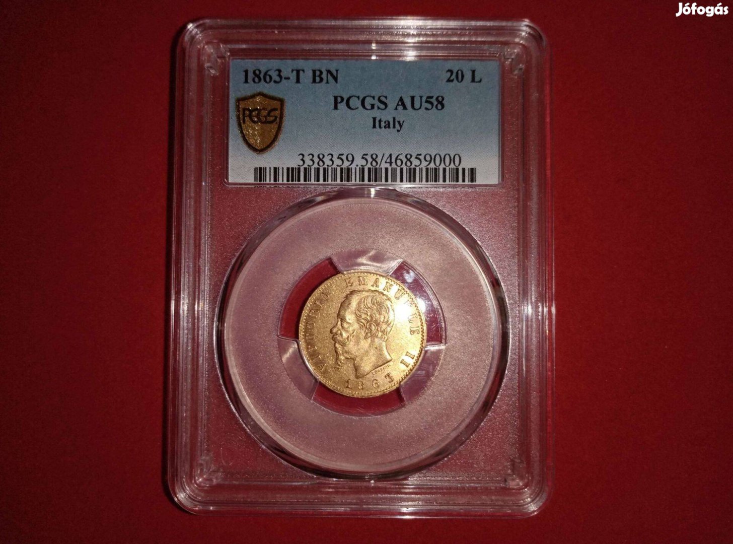 Olaszország arany 20 Líra 1863 Torino - 6,45g - Pcgs minősített érme