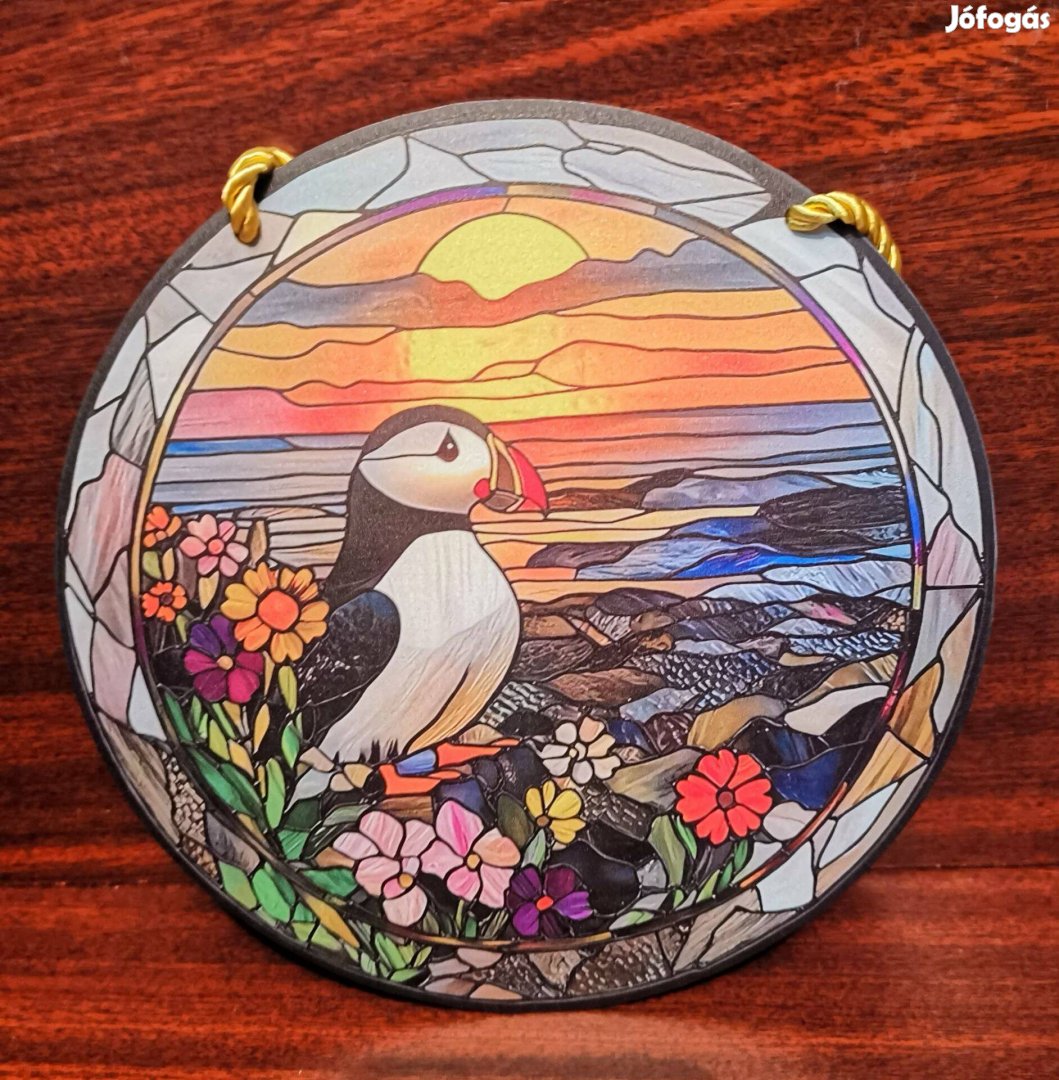 Ólomüveg hatású ablakdísz lunda puffin motívum 20 cm
