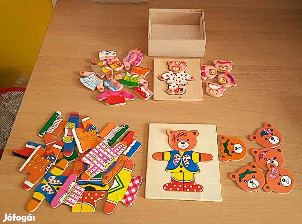 Öltöztethető fa macifigurák 1 db. fadobozban 1 db. nagyobb