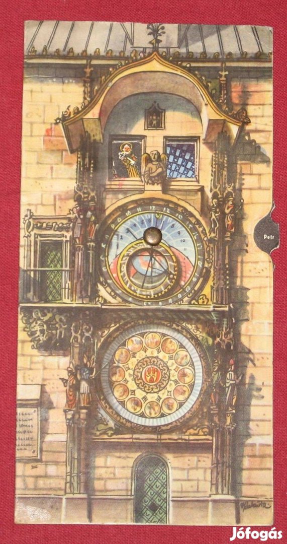 Orloj forgatható órás képeslap Kubasta illusztráció Prága nagyon szép