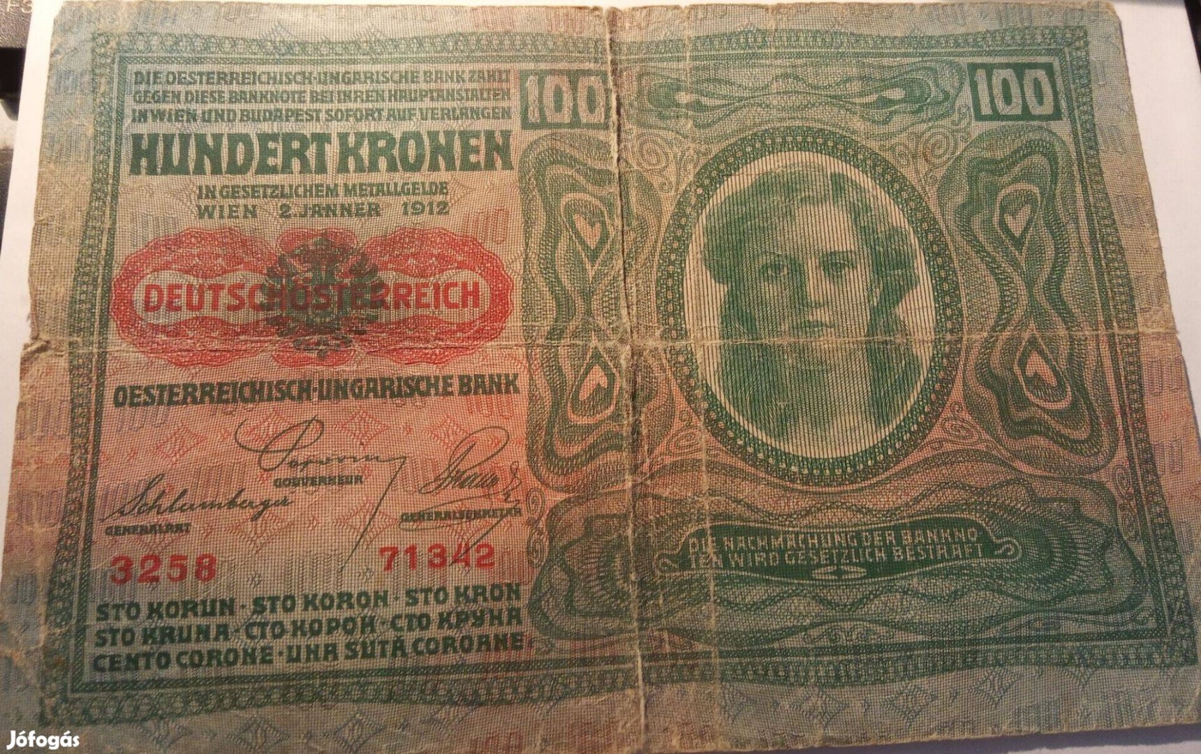 Osztrák magyar bankjegy 100 korona 1912 régi forgalmi pénz, papírpénz