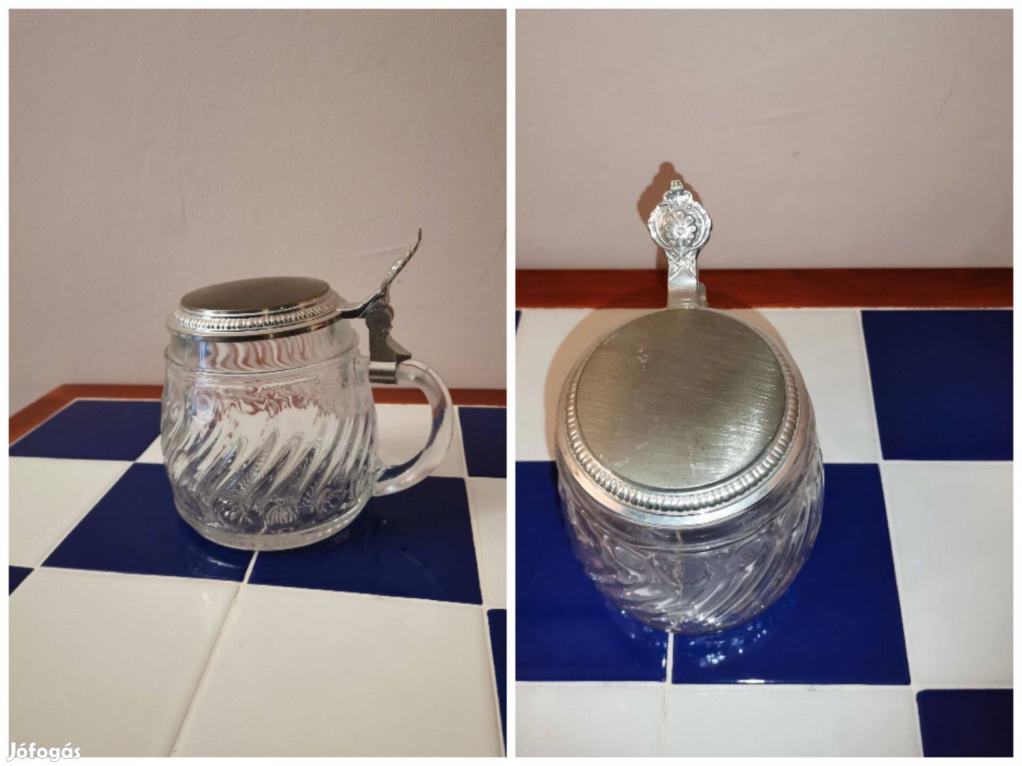 Ótetejű üveg krigli,kupa. Jelzett