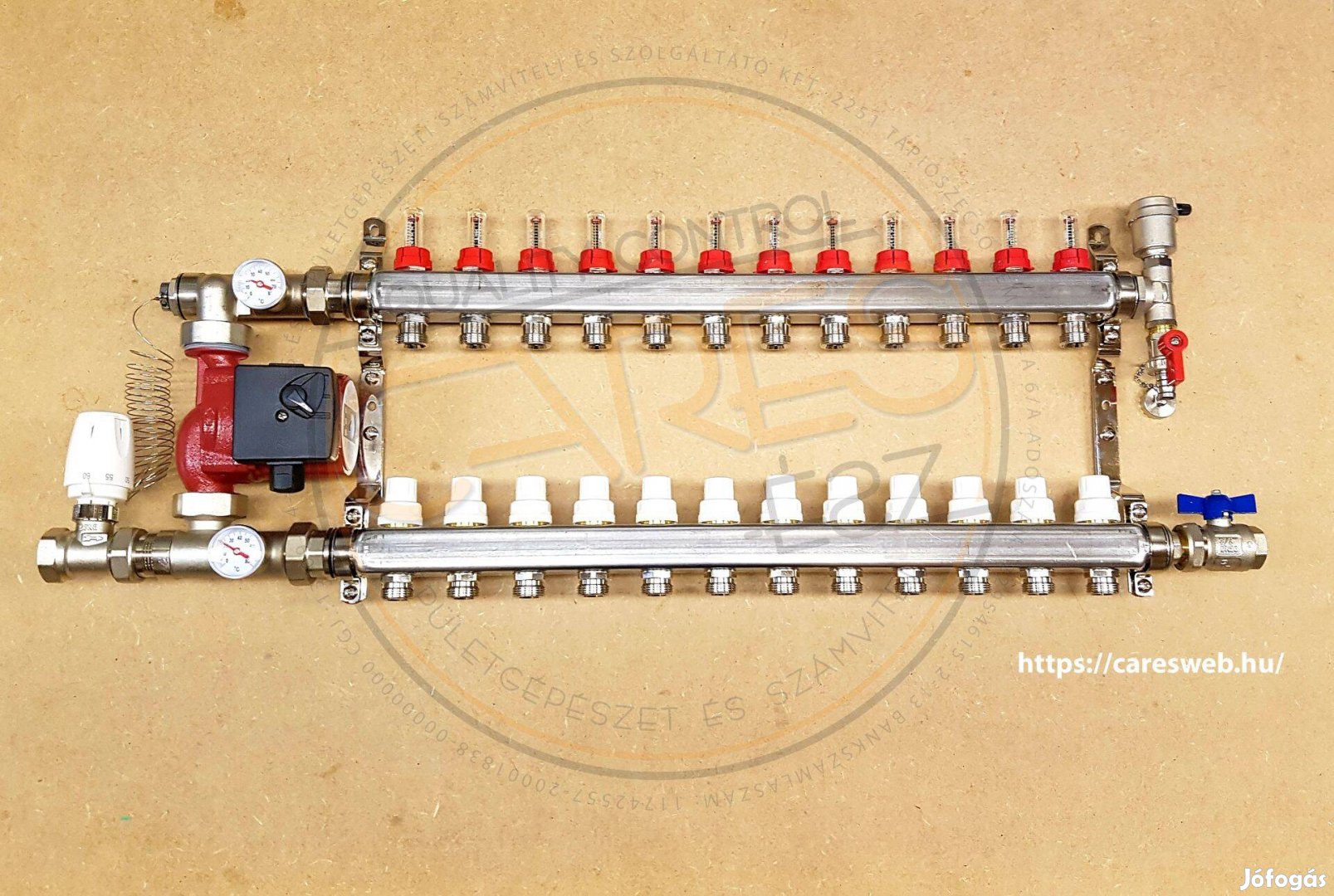 Ötrétegű Komplett Padlófűtés osztó-gyűjtő modul, szivattyúval, 12 kör