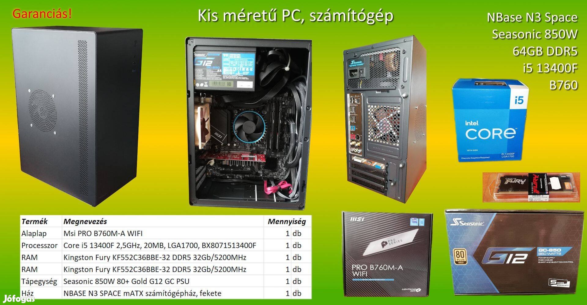 PC, számítógép, i5 13400F, B760, 64GB DDR5, Seasonic 850W, Nbase N3