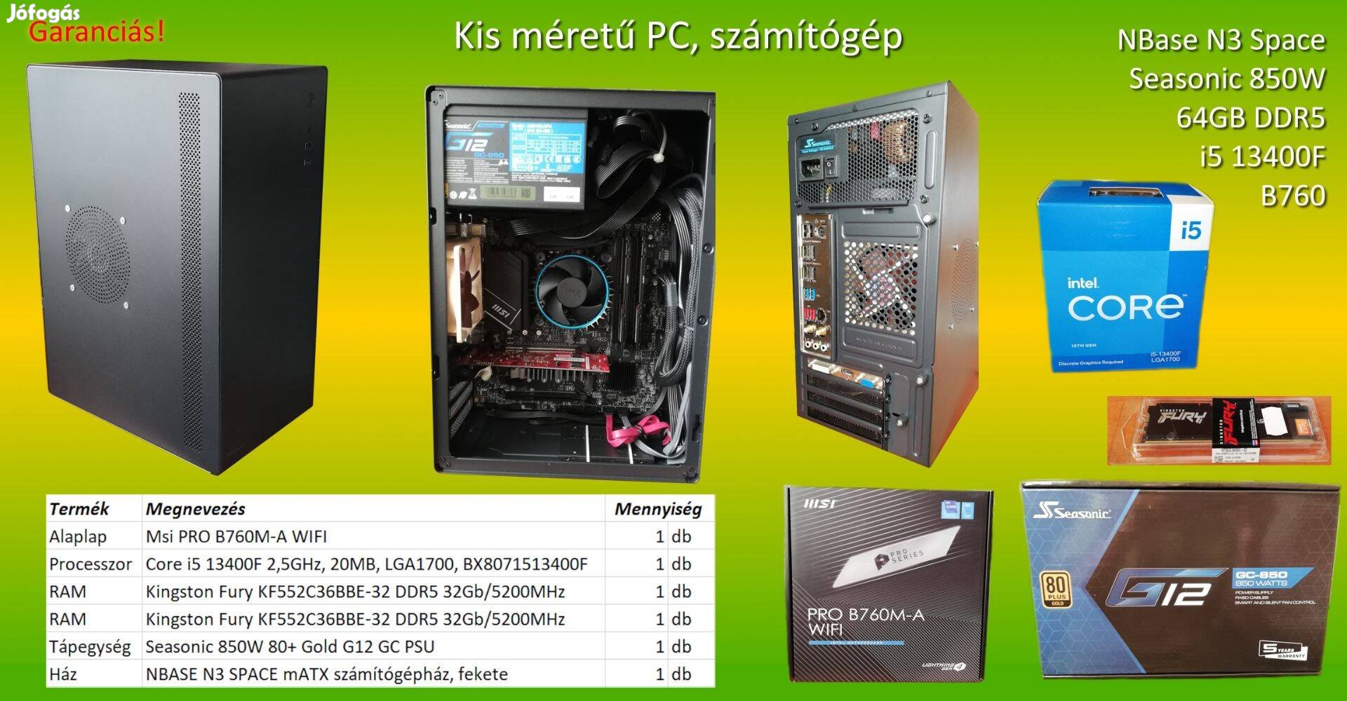 PC, számítógép, i5 13400F, B760, 64GB DDR5, Seasonic 850W, Nbase N3