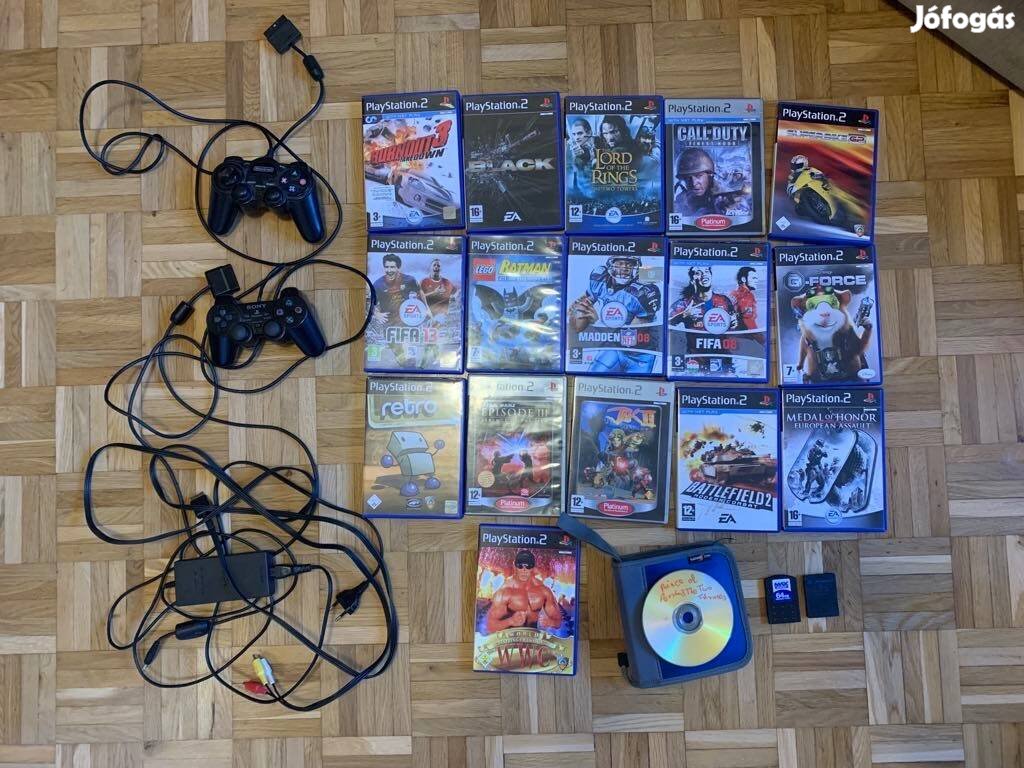 PS2 játékok 30 , kontrollerek 2db, memória kártyák, tápkábél, av kábel