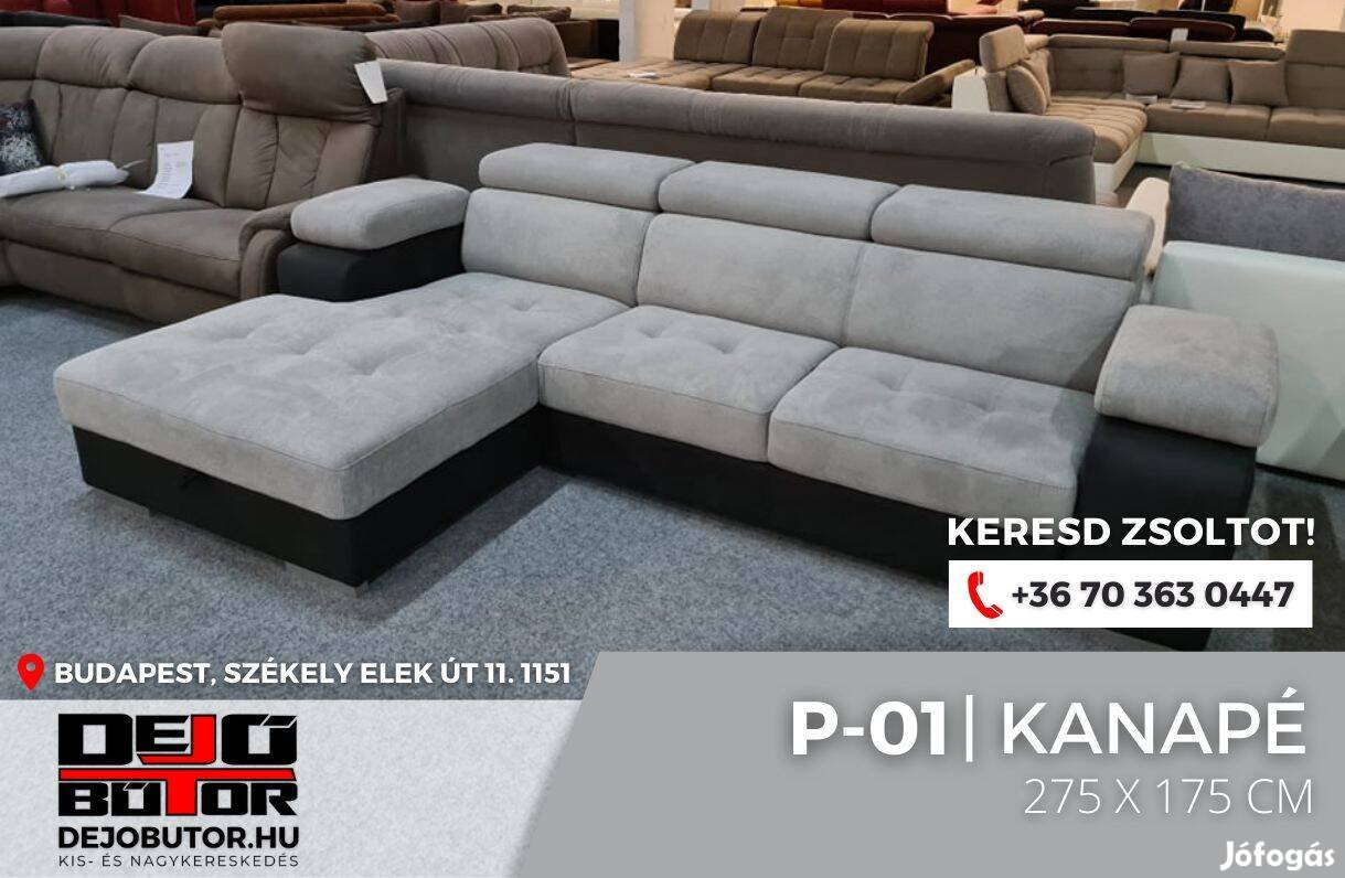 P-01 sarok kanapé ülőgarnitúra 275x175 cm rugós ágyazható fekete gray