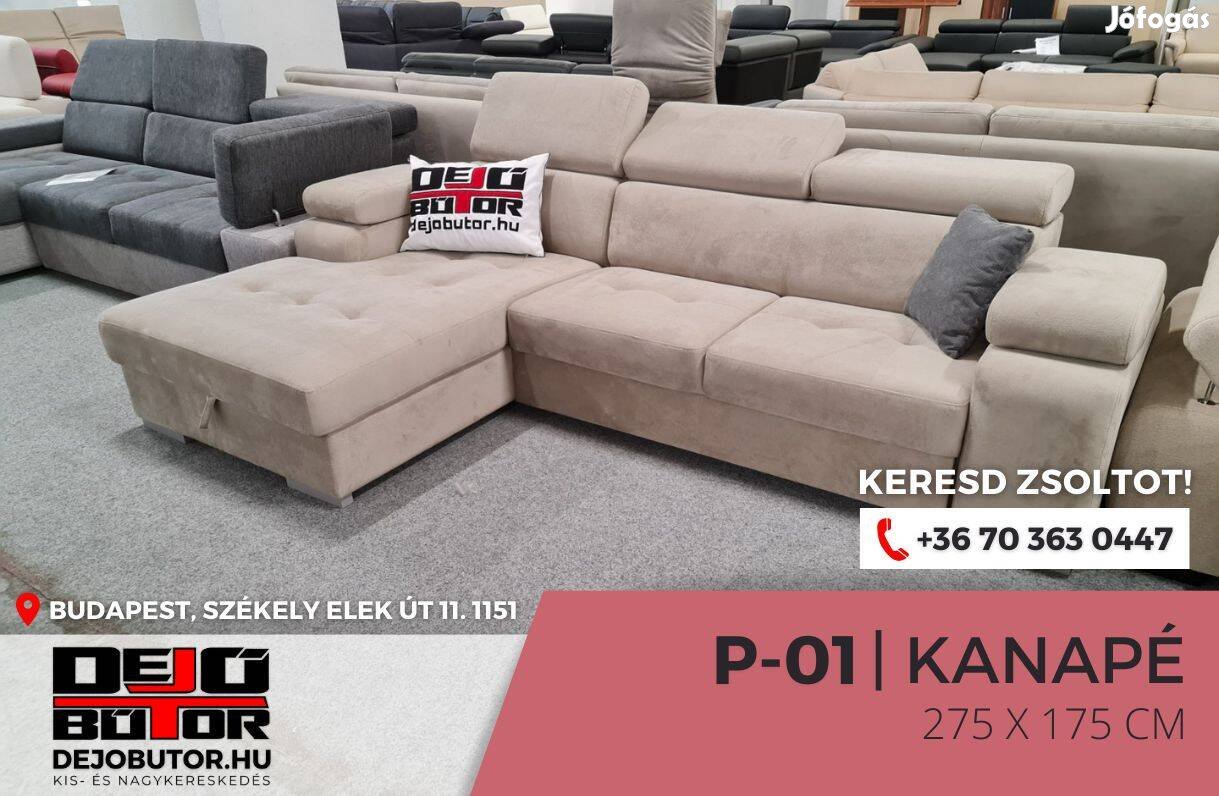 P-01 sarok krém kanapé bútor ülőgarnitúra rugós 275x175 cm ágyazható
