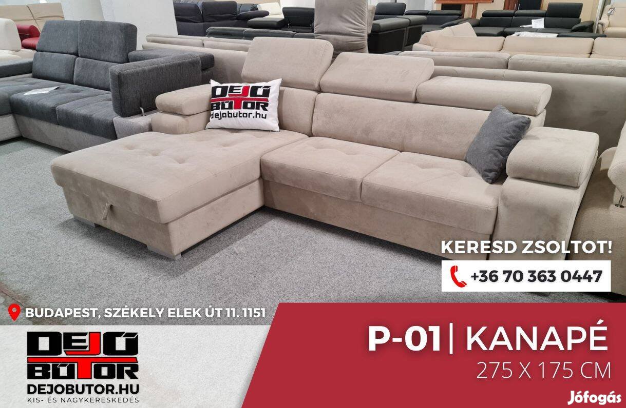 P-01 sarok krém kanapé ülőgarnitúra 275x175 cm rugós ágyazható bútor