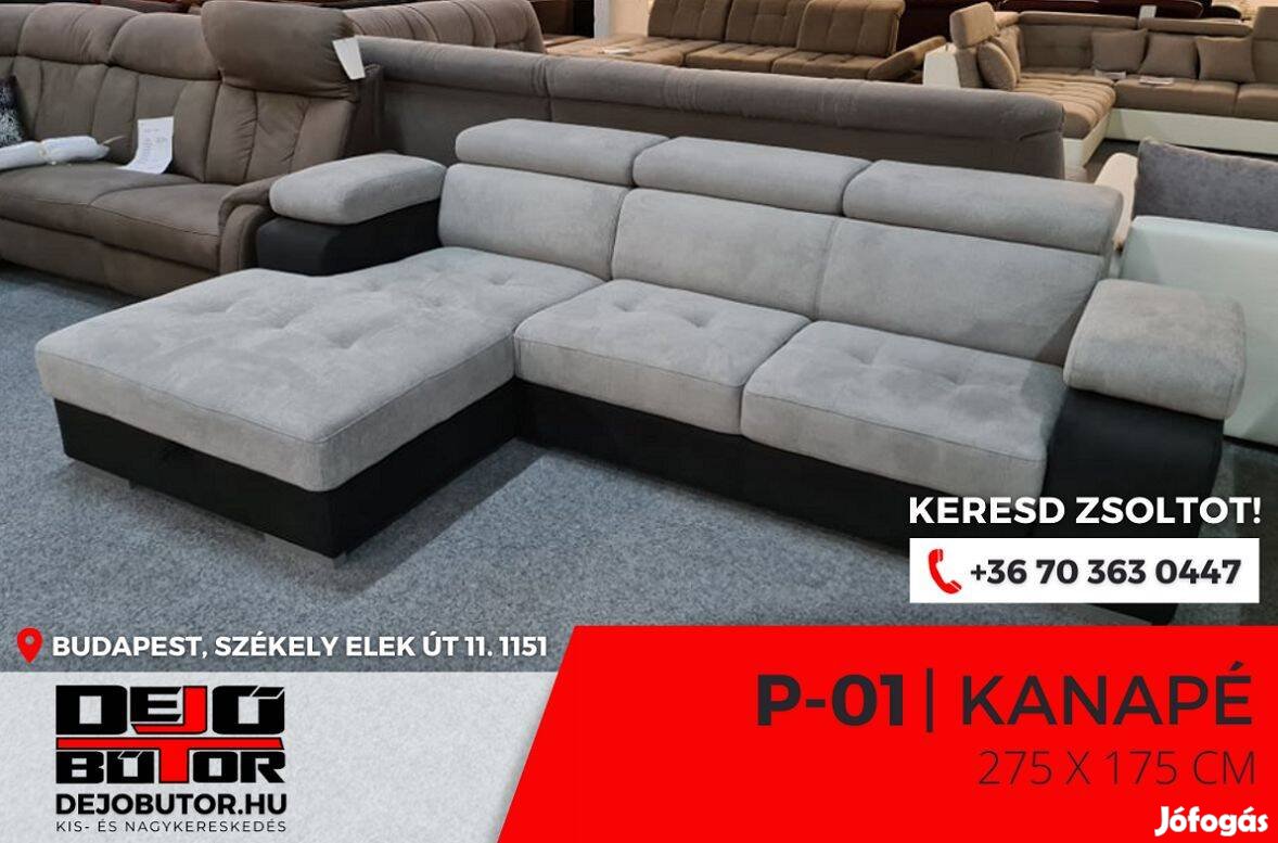 P-01 sarok prémium kanapé ülőgarnitúra 275x175 cm rugós szürke