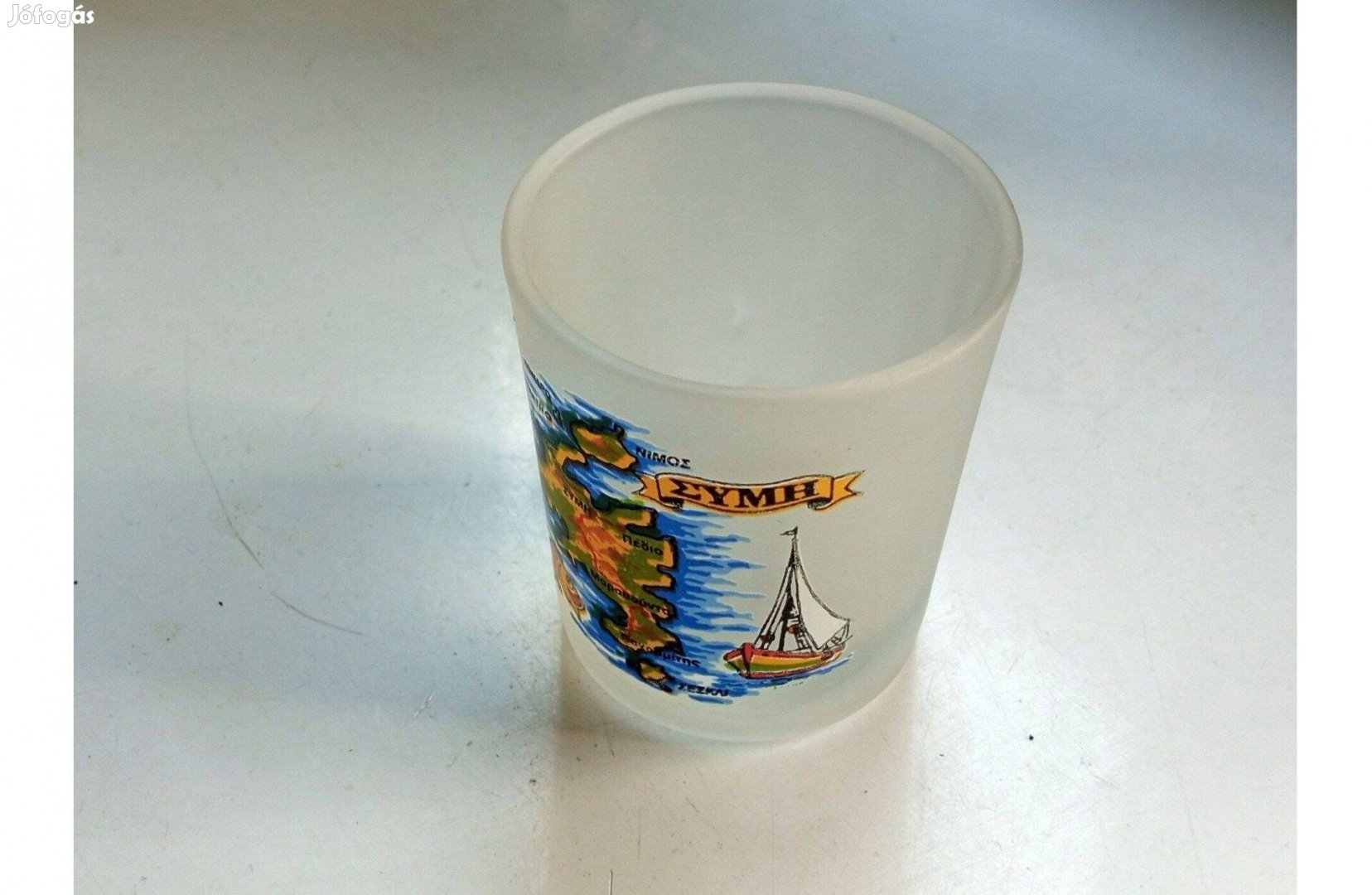 Pálinkás, stampedlis pohár Görögországból, homokfúvott üvegből