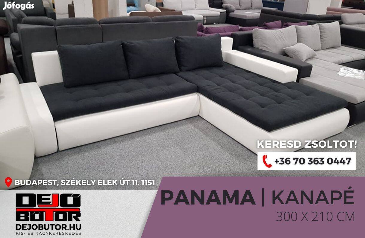 Panama sarok kanapé ülőgarnitúra 300x210 cm ágyazható fehér fekete