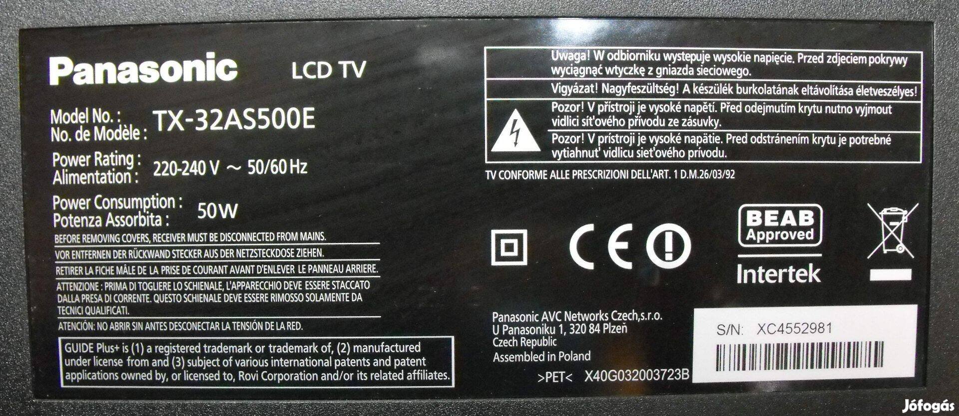 Panasonic TX-32AS500E Mainboard és tápegység eladó