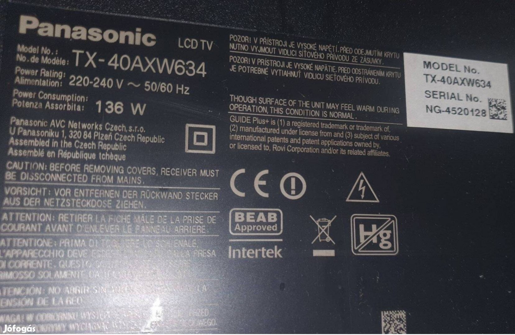 Panasonic TX-40Axw634 4K UHD LED LCD tv hibás törött alkatrésznek