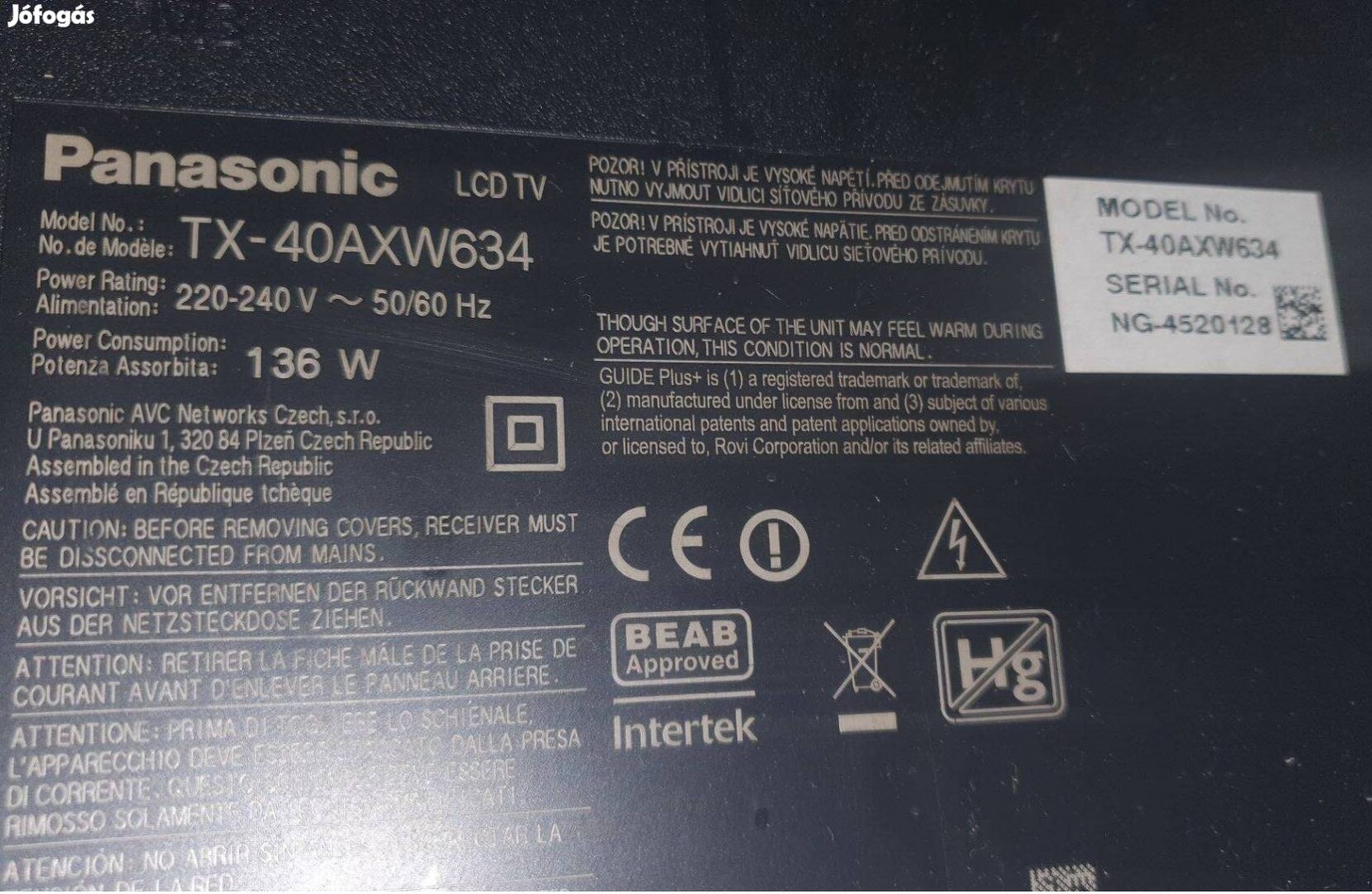 Panasonic TX-40Axw634 4K UHD LED LCD tv hibás törött alkatrésznek