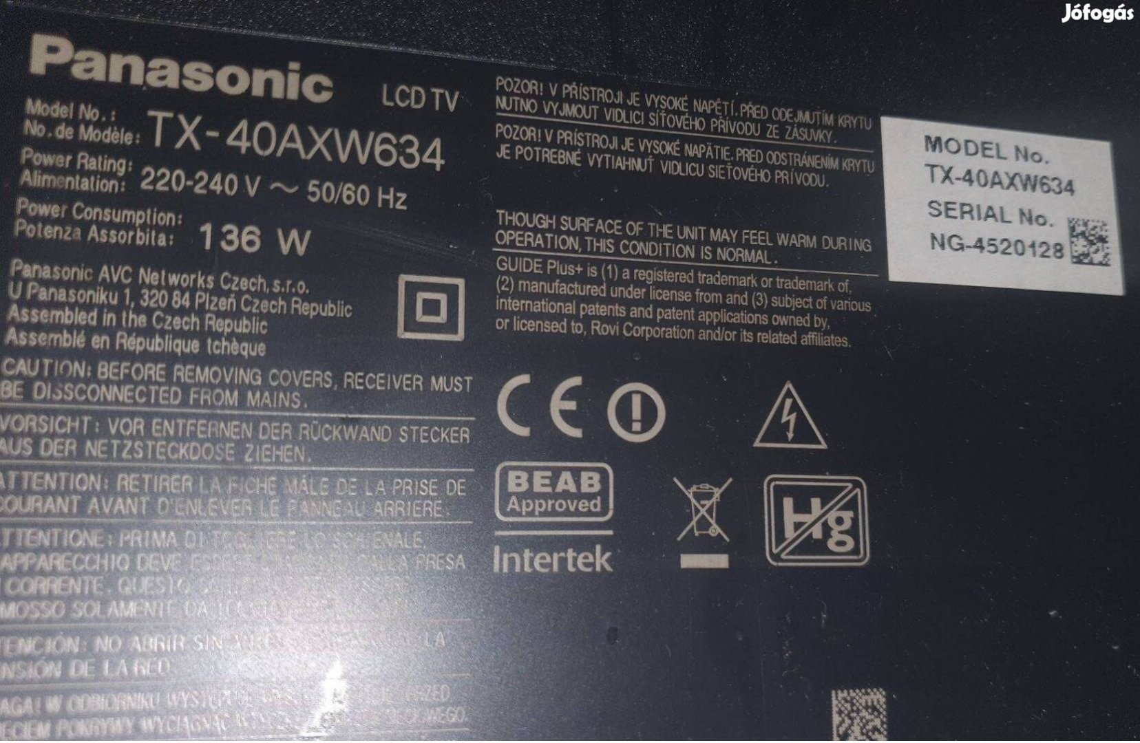 Panasonic TX-40Axw634 4K UHD LED LCD tv hibás törött alkatrésznek