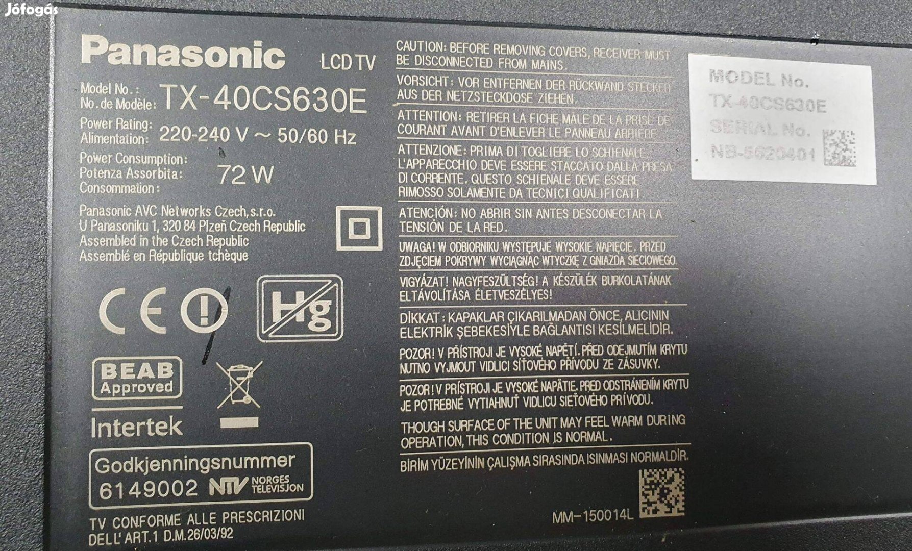 Panasonic TX-40CS630E LED tv hibás törött alkatrésznek main elkelt