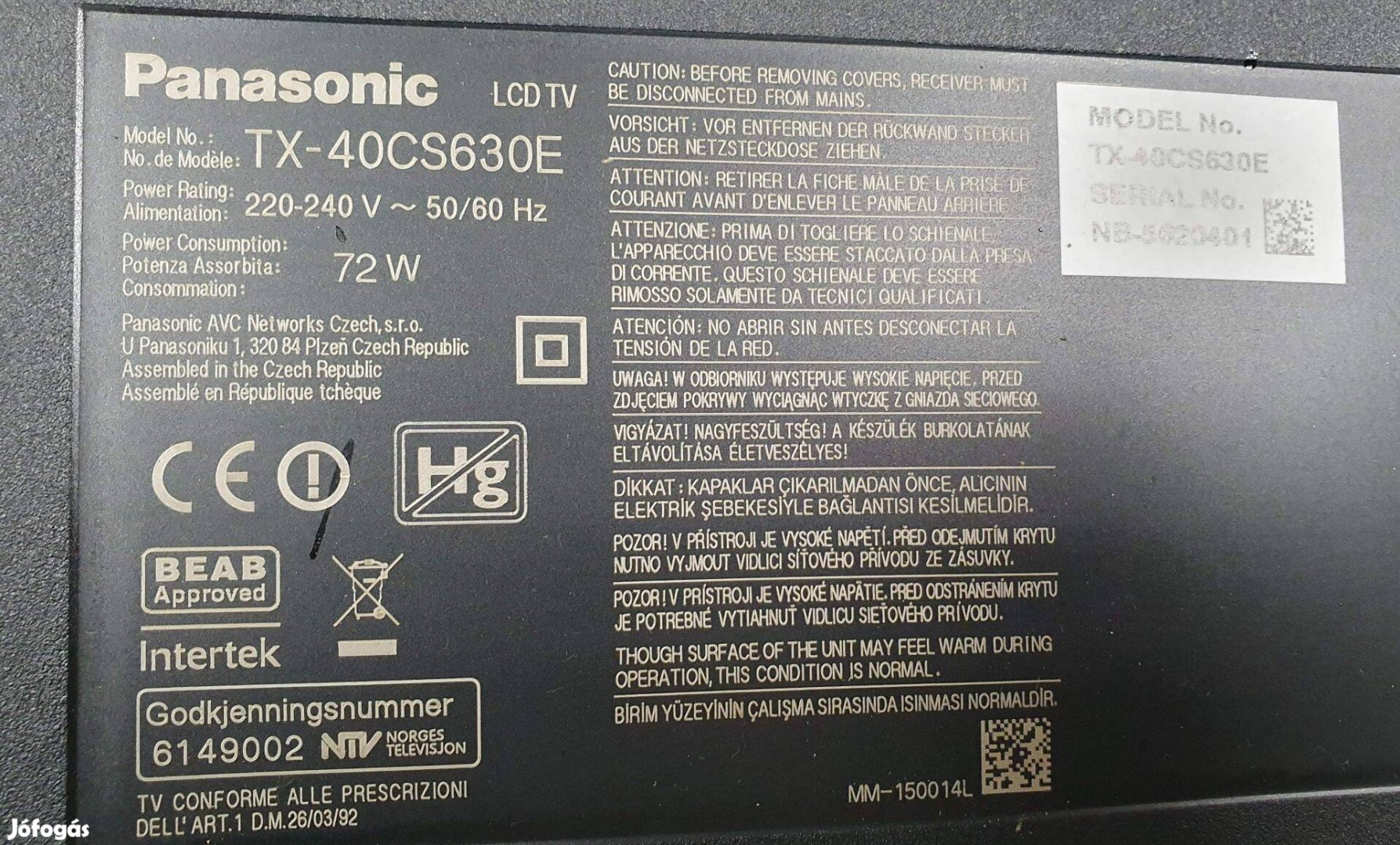 Panasonic TX-40CS630E LED tv hibás törött alkatrésznek main elkelt