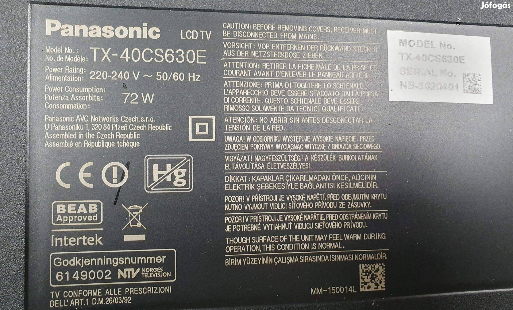 Panasonic TX-40CS630E LED tv hibás törött alkatrésznek main elkelt