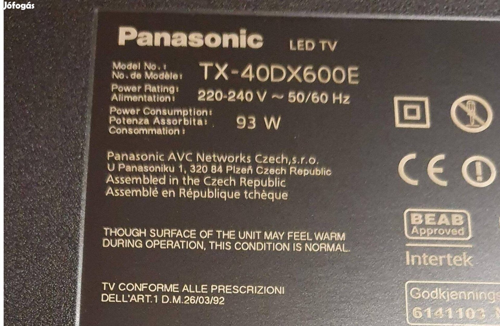 Panasonic TX-40DX600E LED LCD tv hibás alkatrésznek 7 villogás