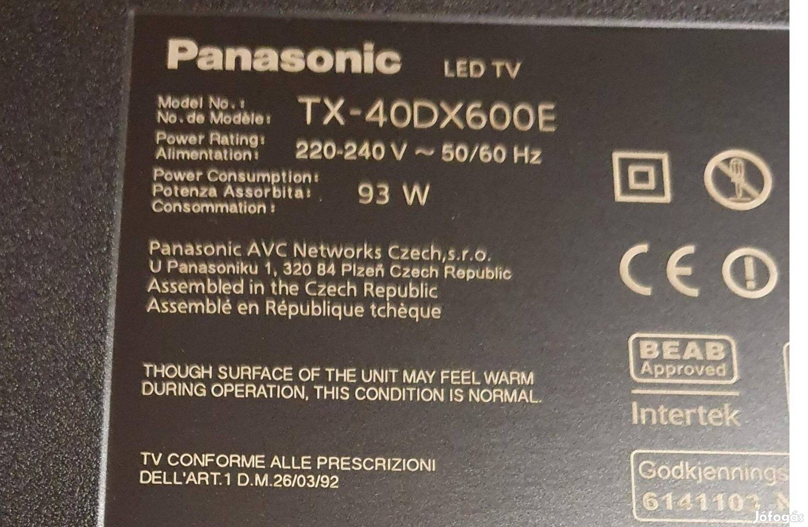 Panasonic TX-40DX600E LED LCD tv hibás alkatrésznek 7 villogás