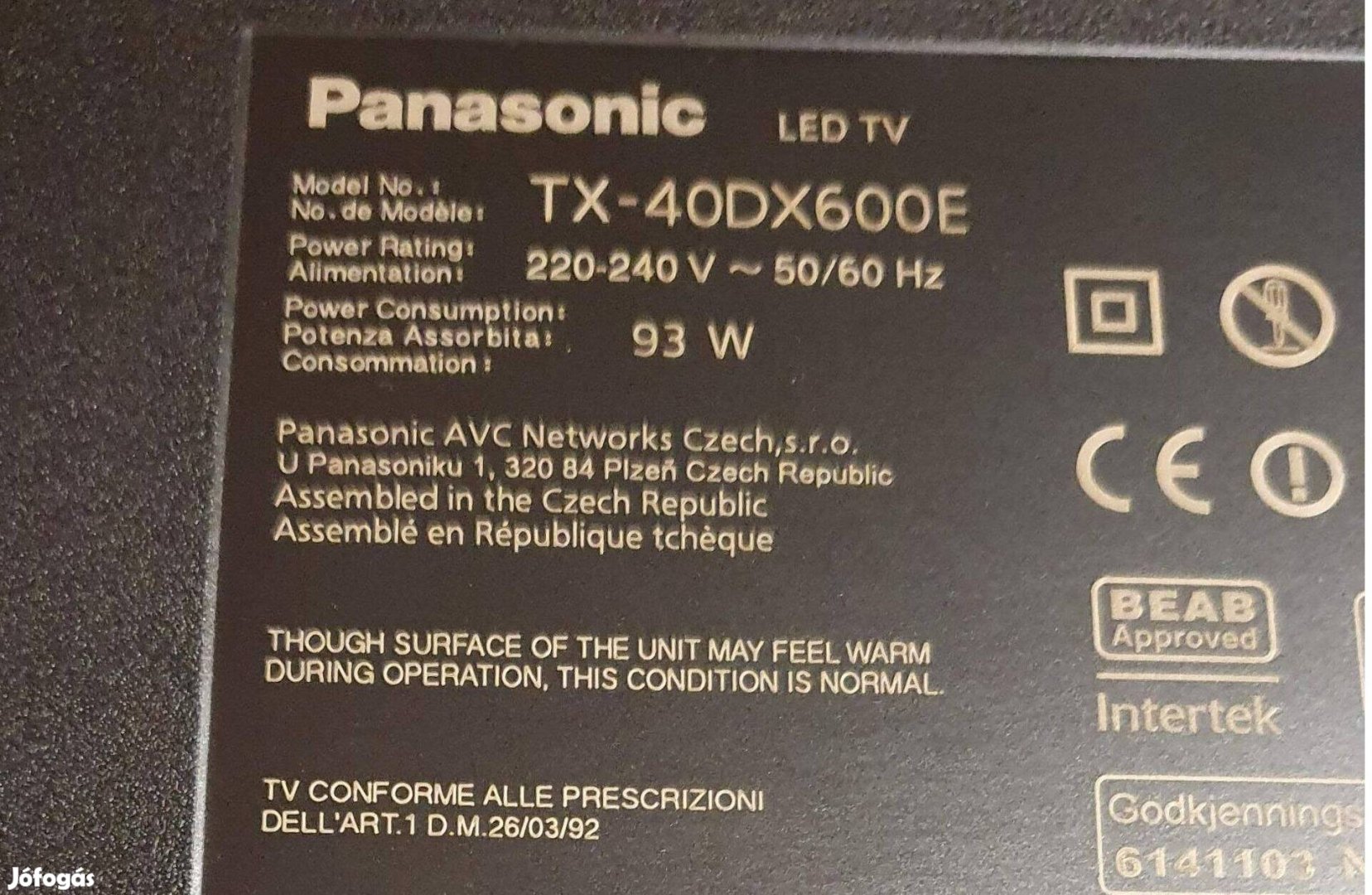 Panasonic TX-40DX600E LED LCD tv hibás alkatrésznek 7 villogás