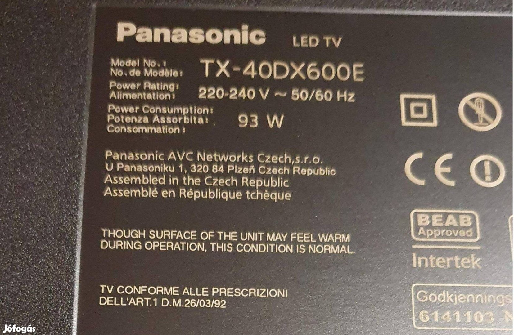 Panasonic TX-40DX600E LED LCD tv hibás alkatrésznek 7 villogás