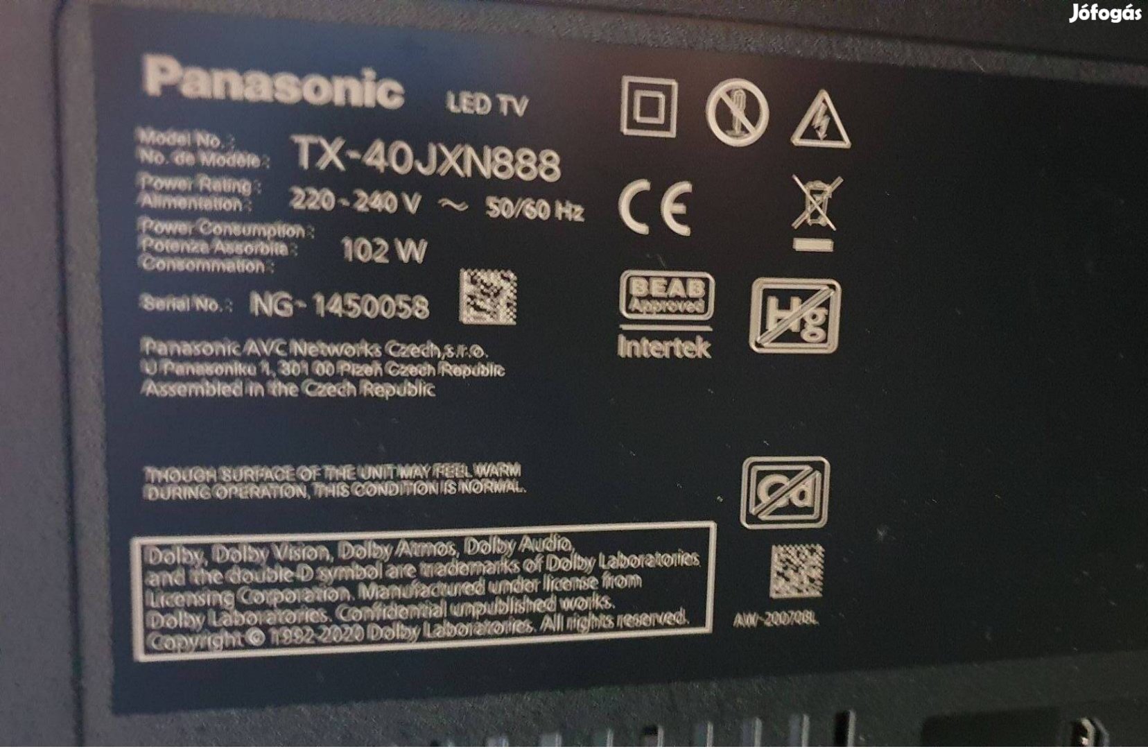 Panasonic TX-40Jxn888 LED LCD tv 4K UHD hibás törött alkatrésznek