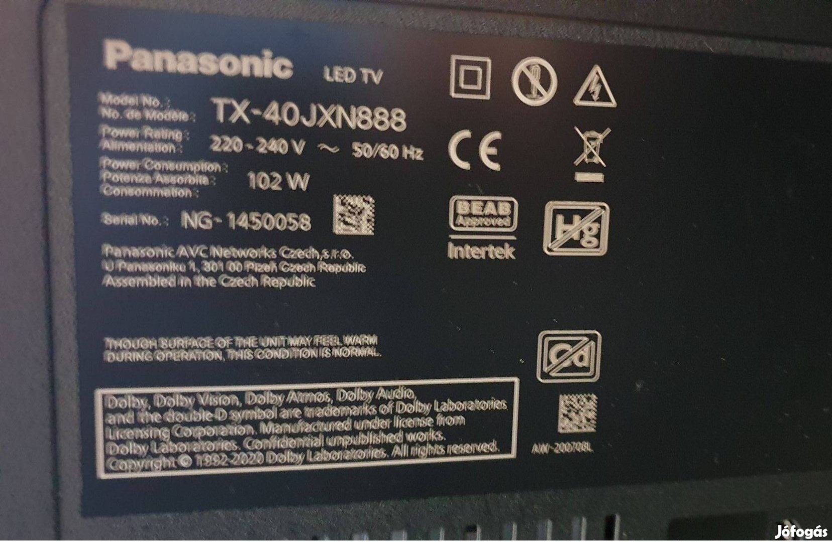 Panasonic TX-40Jxn888 LED LCD tv 4K UHD hibás törött alkatrésznek