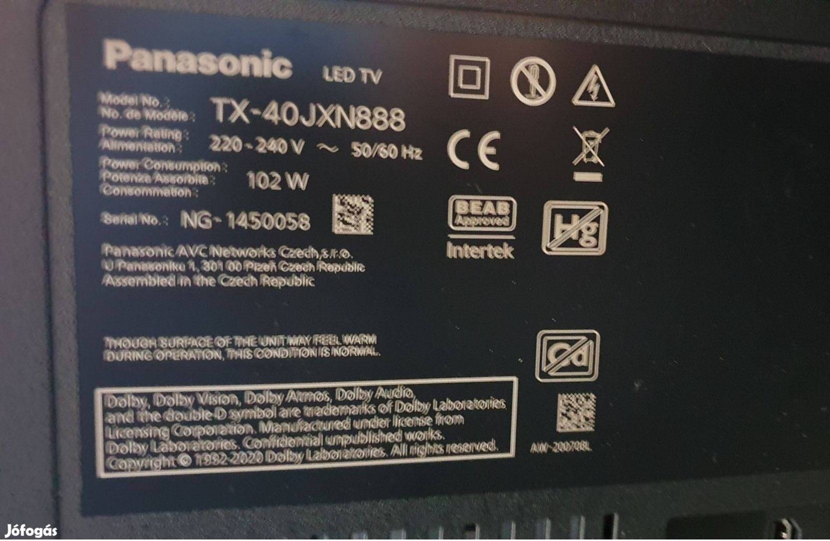 Panasonic TX-40Jxn888 LED LCD tv 4K UHD hibás törött alkatrésznek