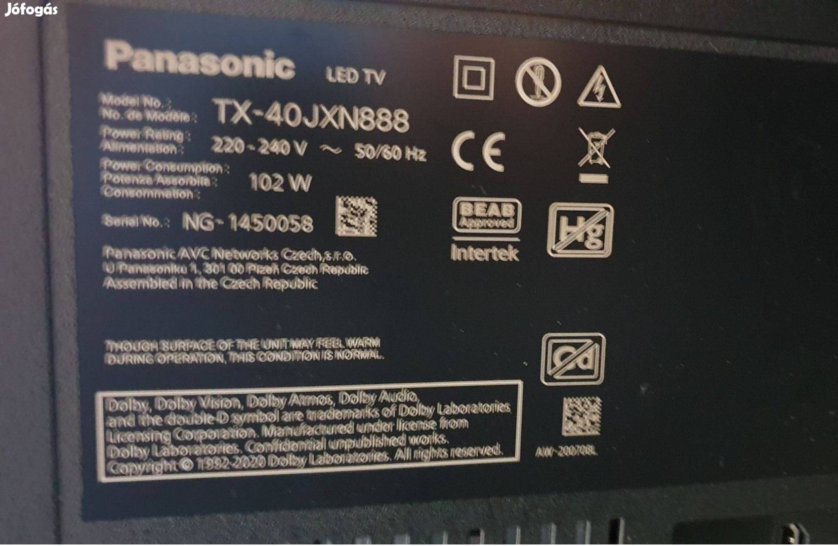 Panasonic TX-40Jxn888 LED LCD tv 4K UHD hibás törött alkatrésznek