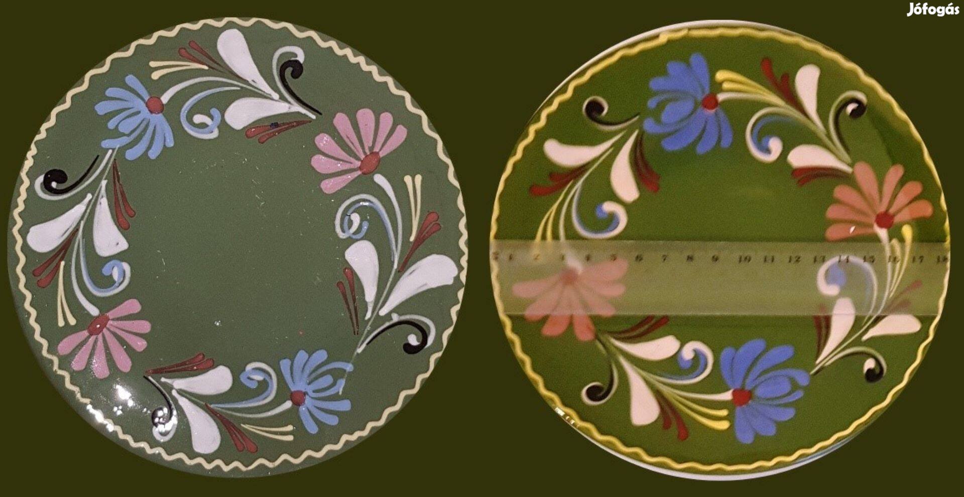 Párban eladó zöld, népi mázas kerámia tányér