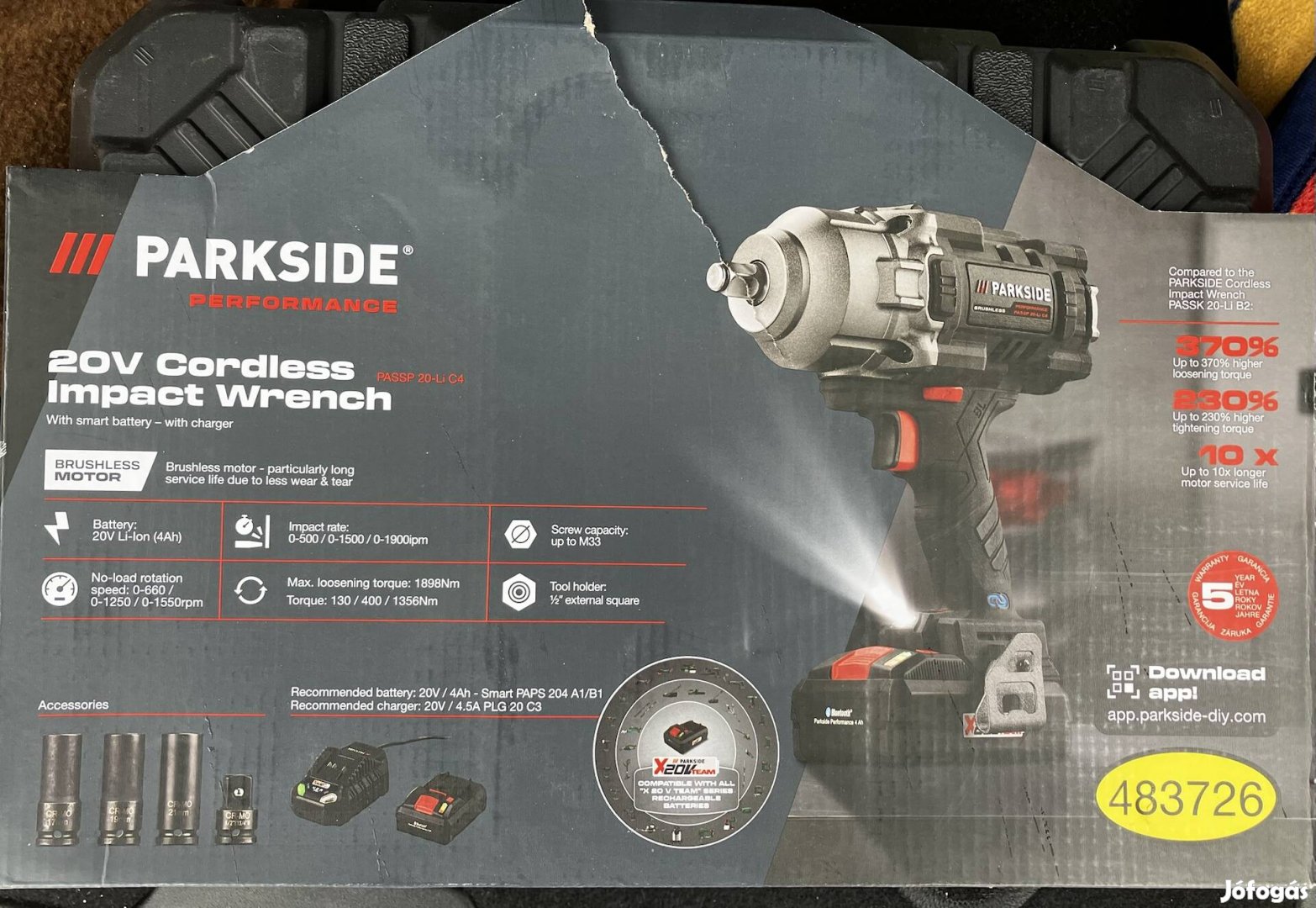 Parkside akkus kerékkulcs 1900Nm, akku+töltő,5év gar,új,bontatlan