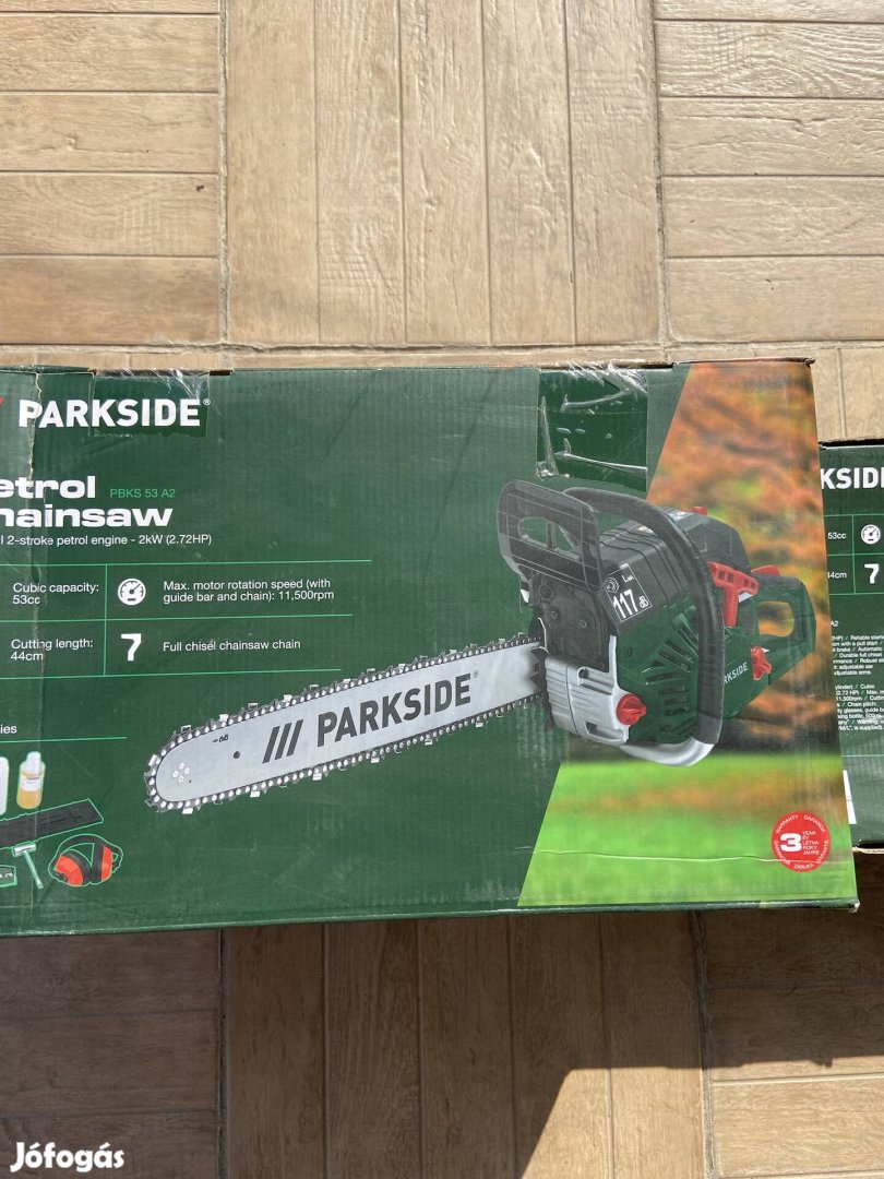 Parkside új benzines láncfűrész fűrész 53cm3 2,8Le 3 év gari
