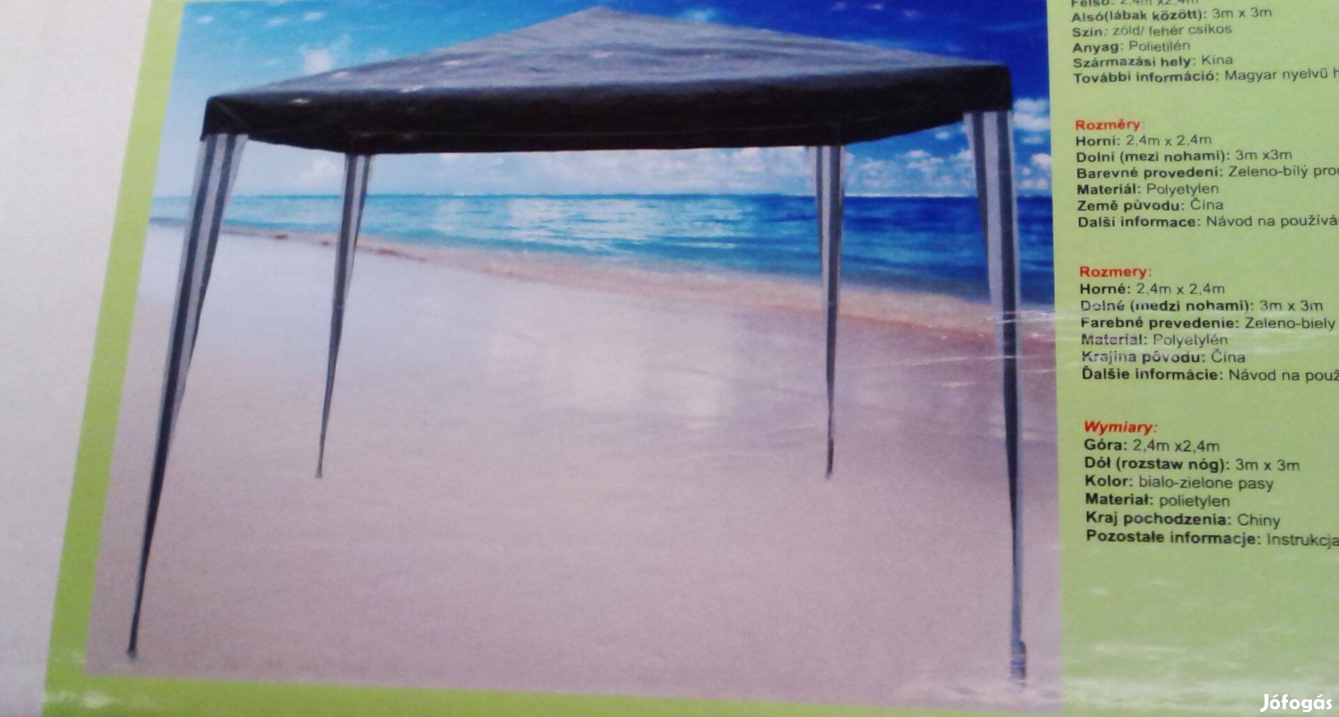 Pavilon",rendezvénysátor,3x3m-talpméret ,új vízlepergető UV védett PE